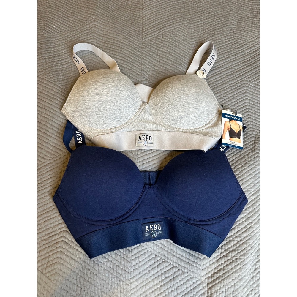 Aeropostale 2 Pack Wire Free Bra Navy Blue Heather Gray Logo Straps 36B NEW